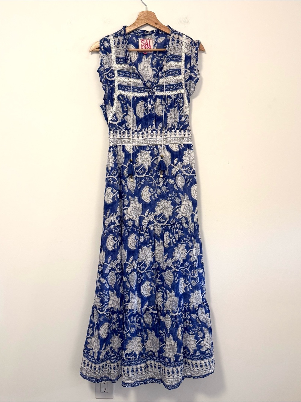 Sal Rosa Blue White Floral Maxi Dress L Cotton Silk Block Print Boho Tassel